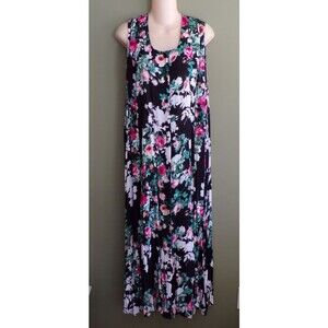 Denim 24/7 Shirt Dress Crinkle Gauze Tropical Black Floral Button Up 1X (2X)